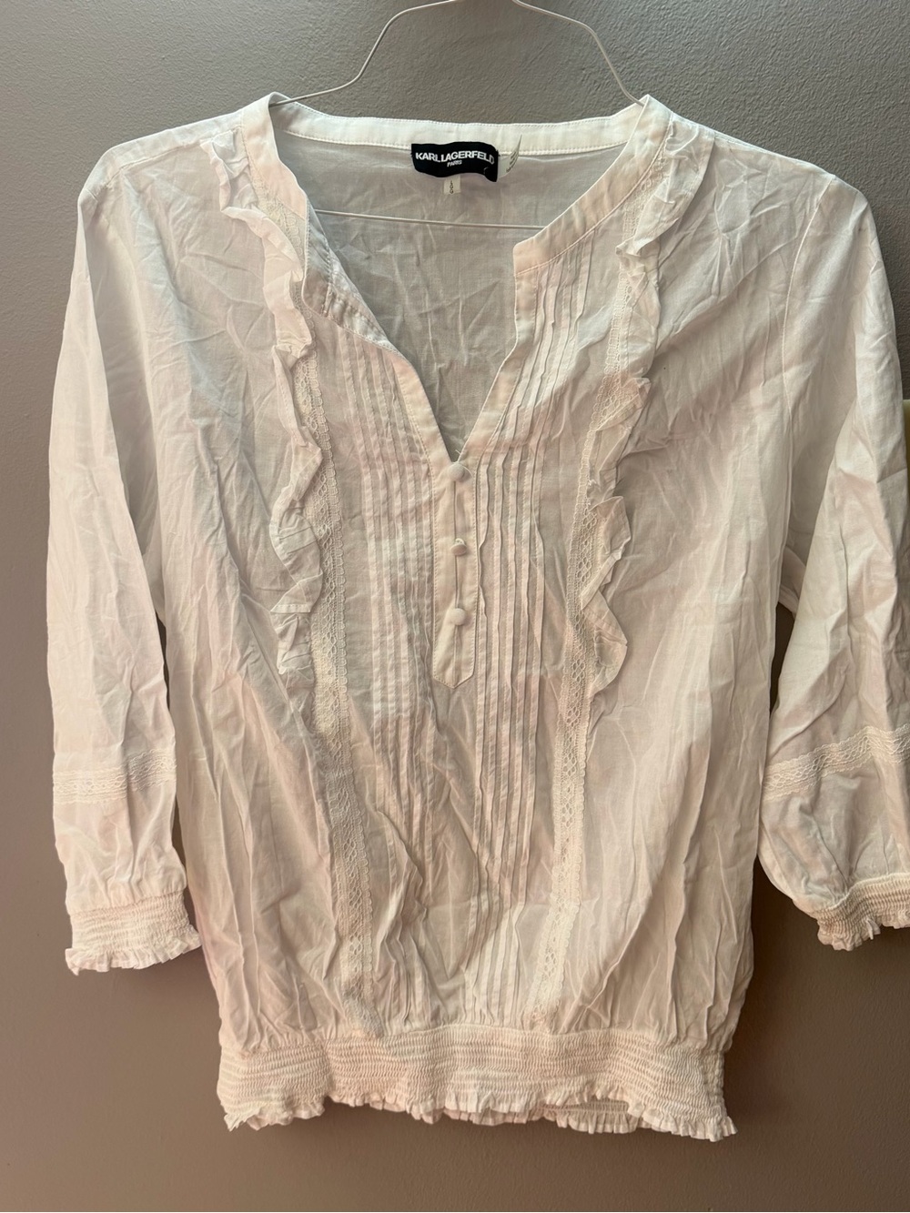 Karl Lagerfeld Cream Ruffled Pintuck Blouse